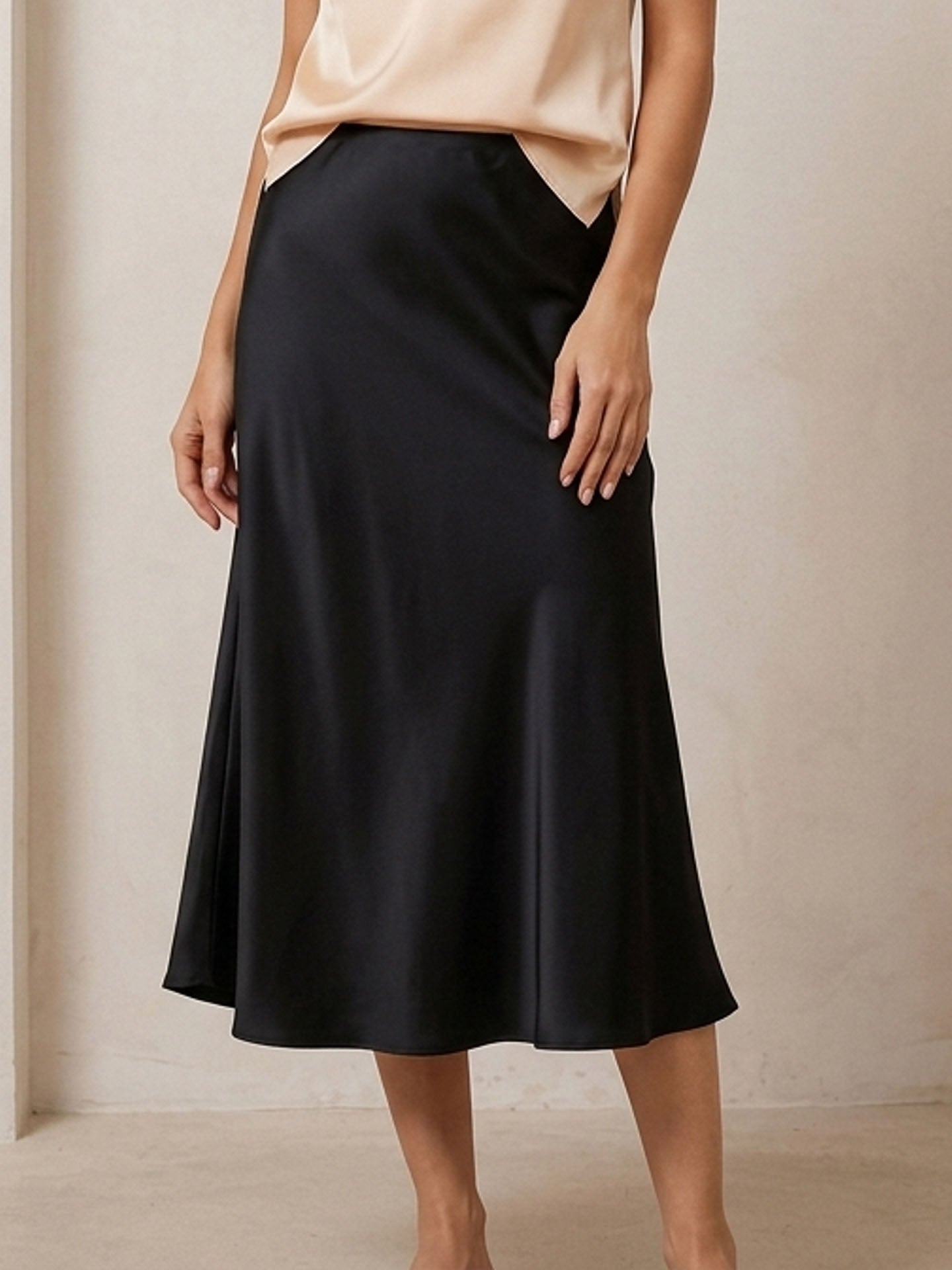 Elastic Back Heavy Silk Satin Midi Skirt#Black