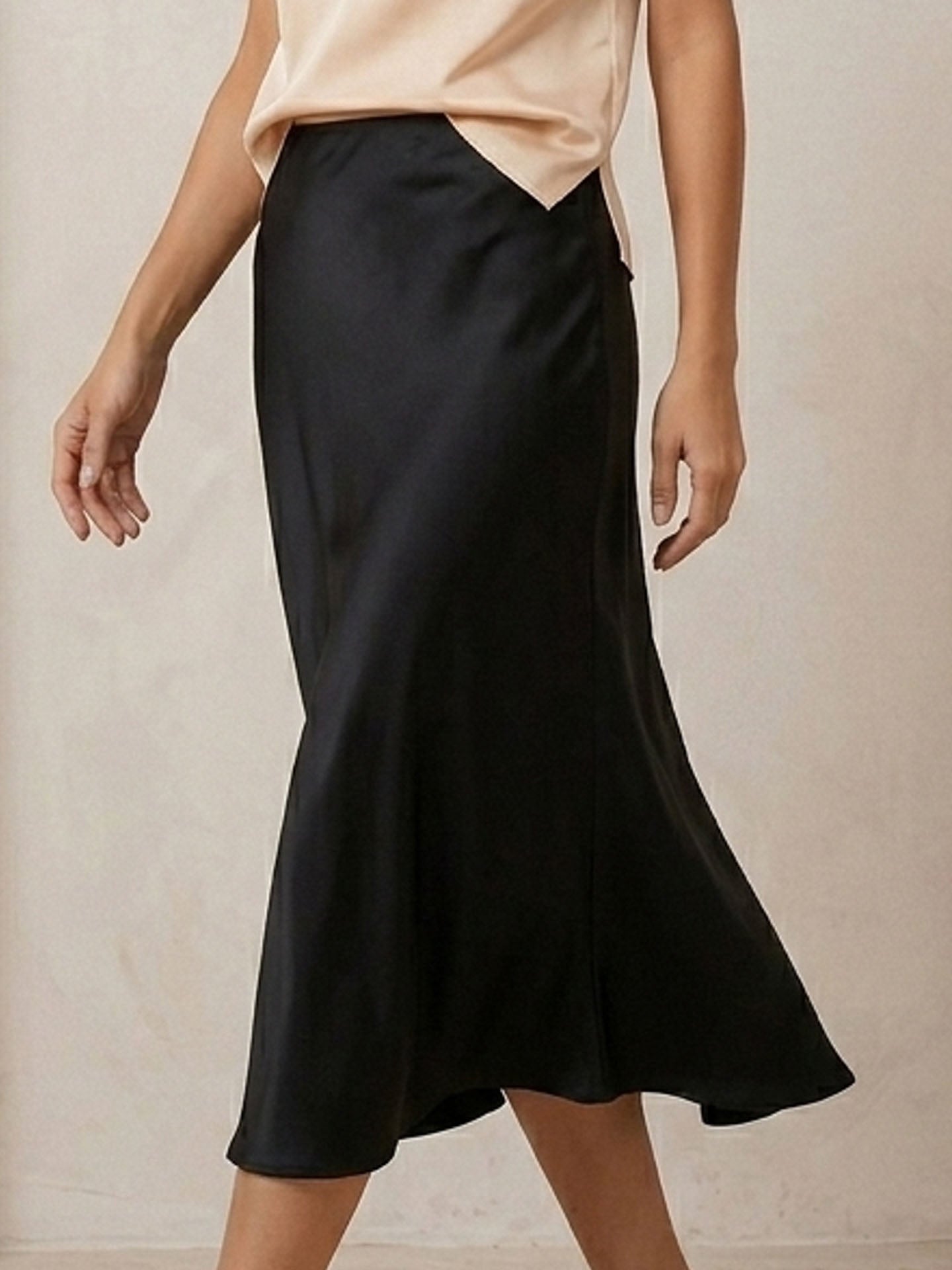 Elastic Back Heavy Silk Satin Midi Skirt#Black