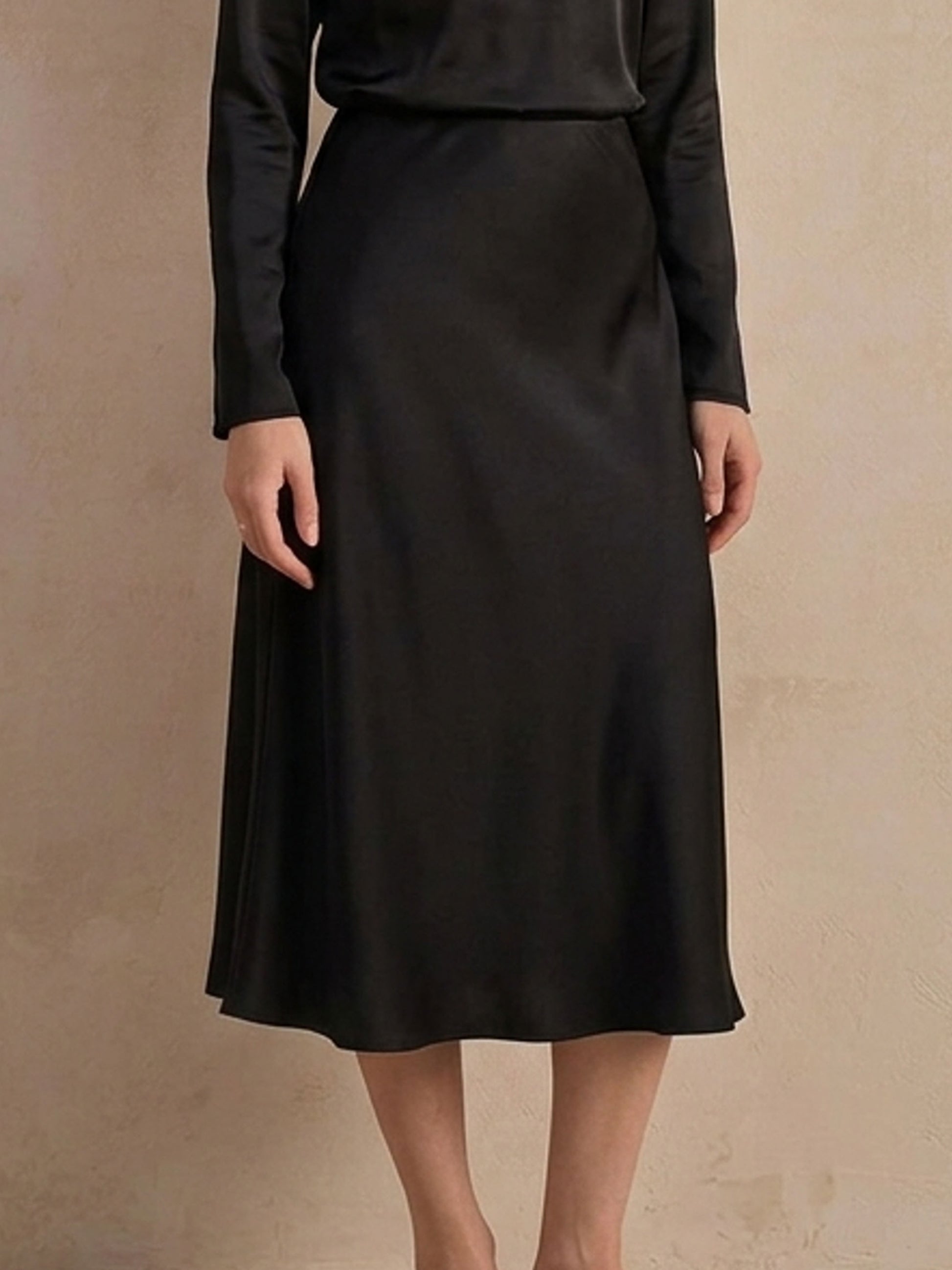 Elastic Back Heavy Silk Satin Midi Skirt#Black