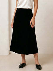 Luxurious Silk Velvet Elegant Midi Skirt#color_Black