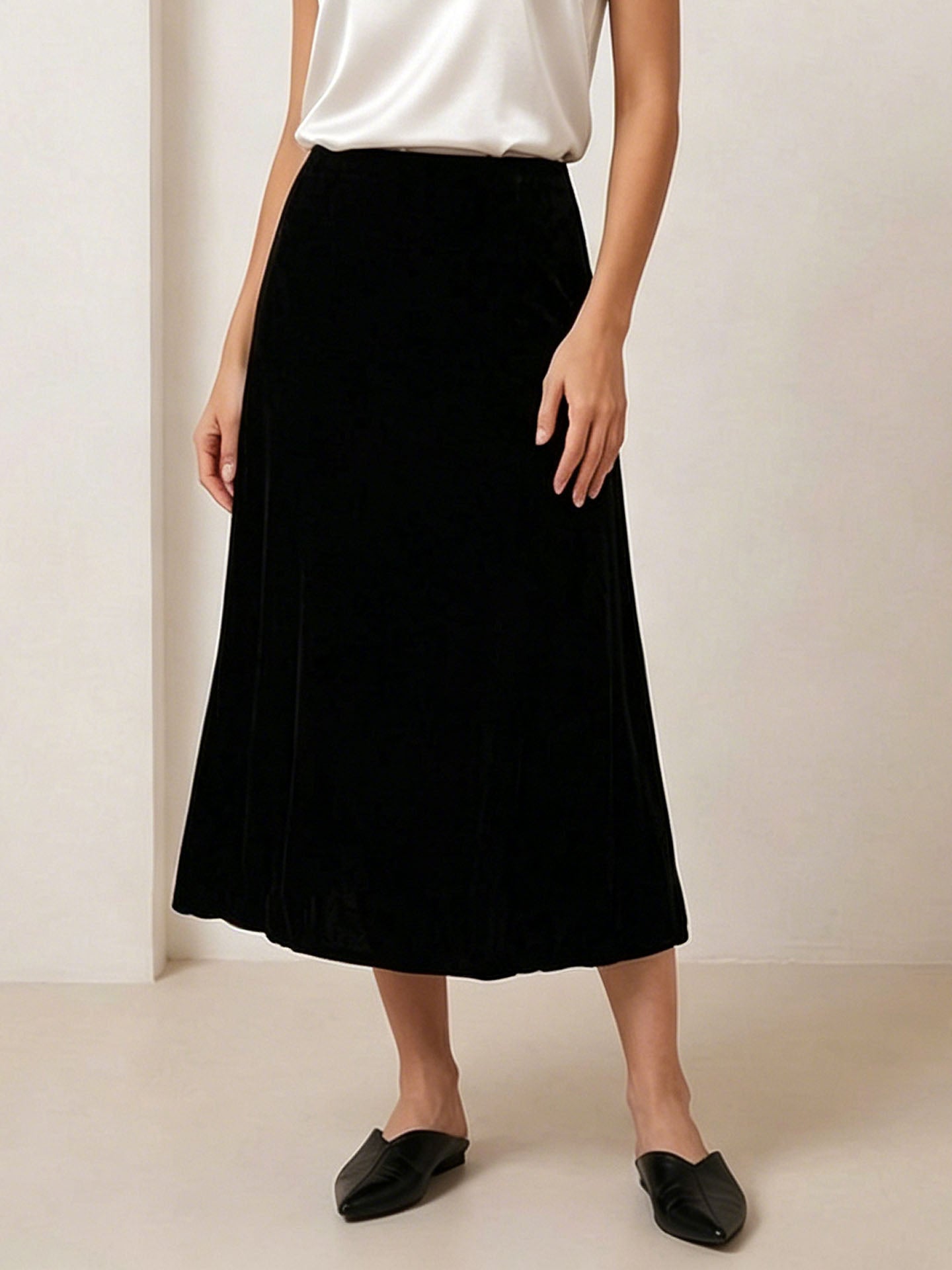Luxurious Silk Velvet Elegant Midi Skirt#color_Black