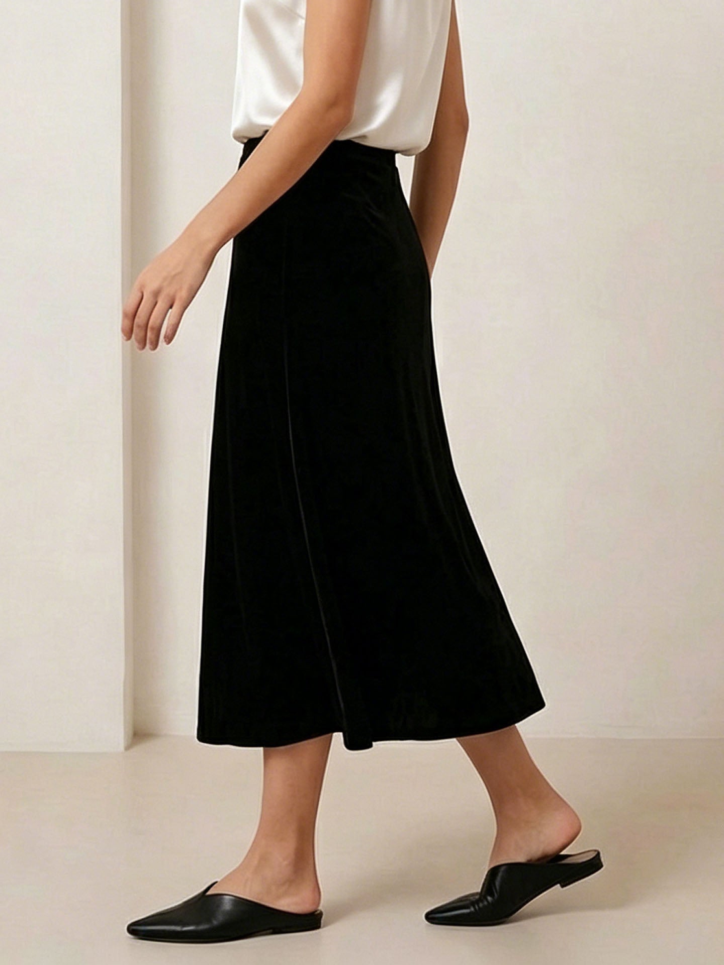 Luxurious Silk Velvet Elegant Midi Skirt#color_Black