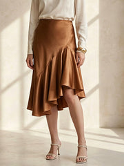 19MM Silk Ruffle Midi Skirt#Caramel