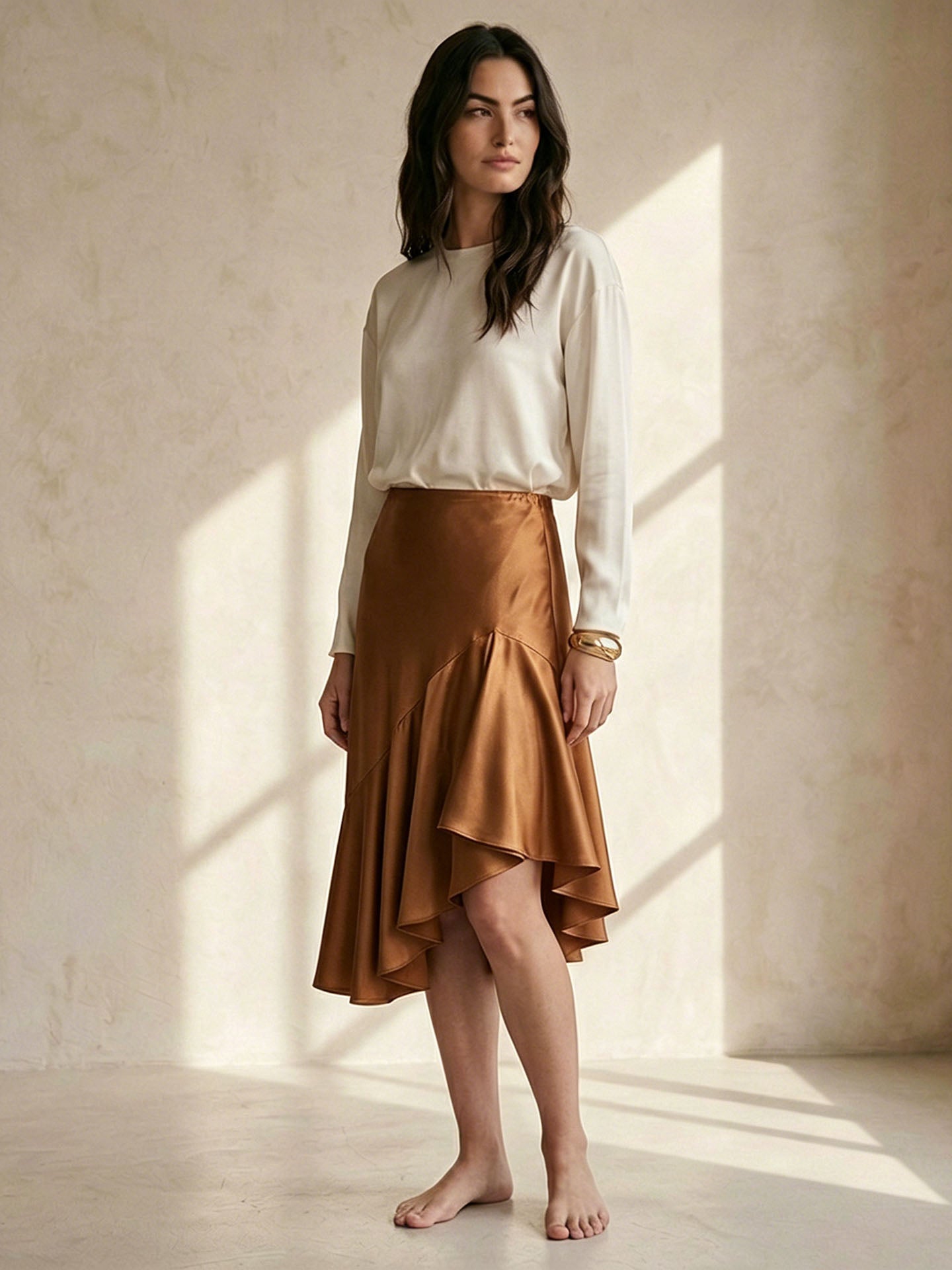 19MM Silk Ruffle Midi Skirt#Caramel