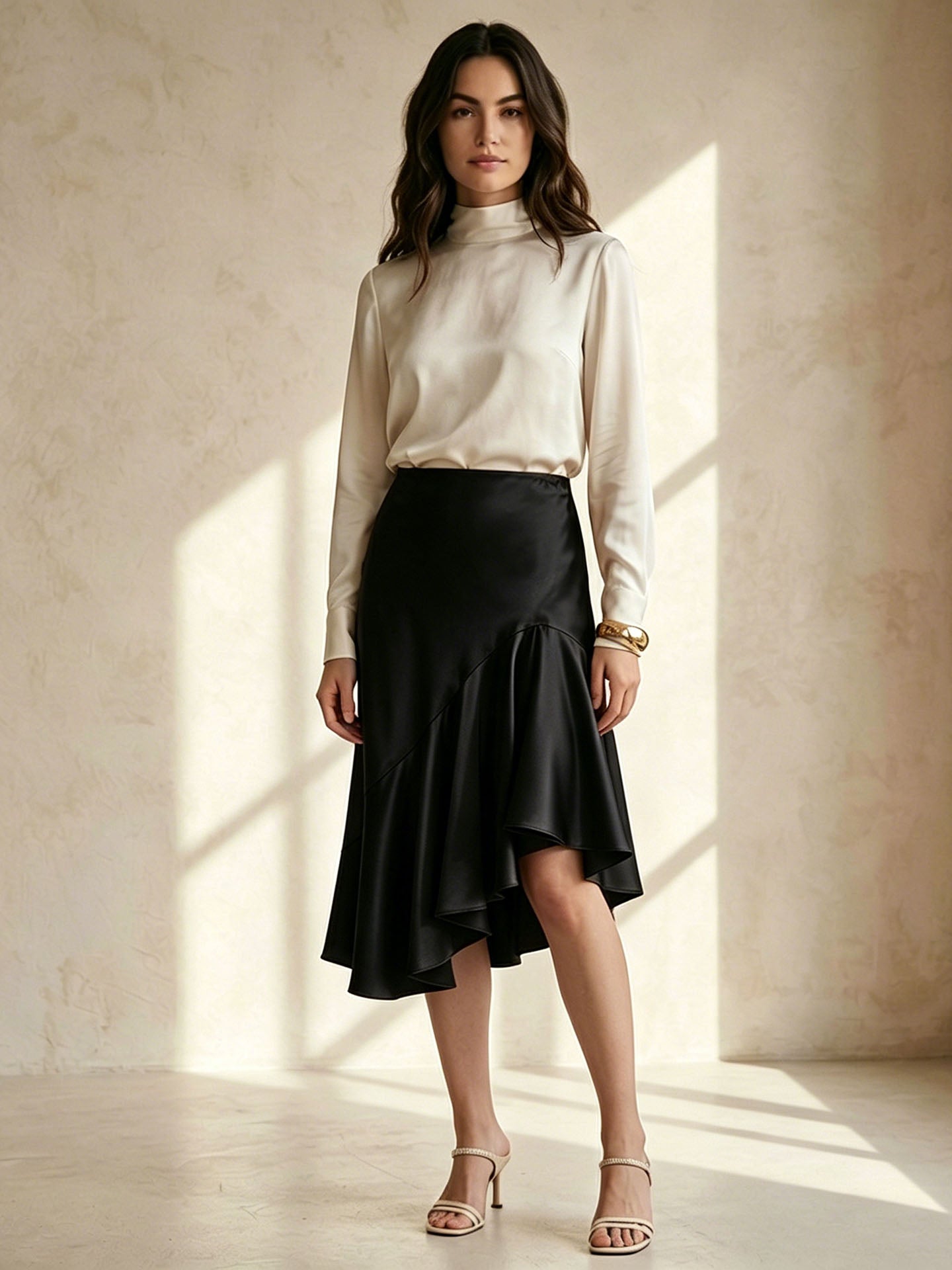 19MM Silk Ruffle Midi Skirt#Black
