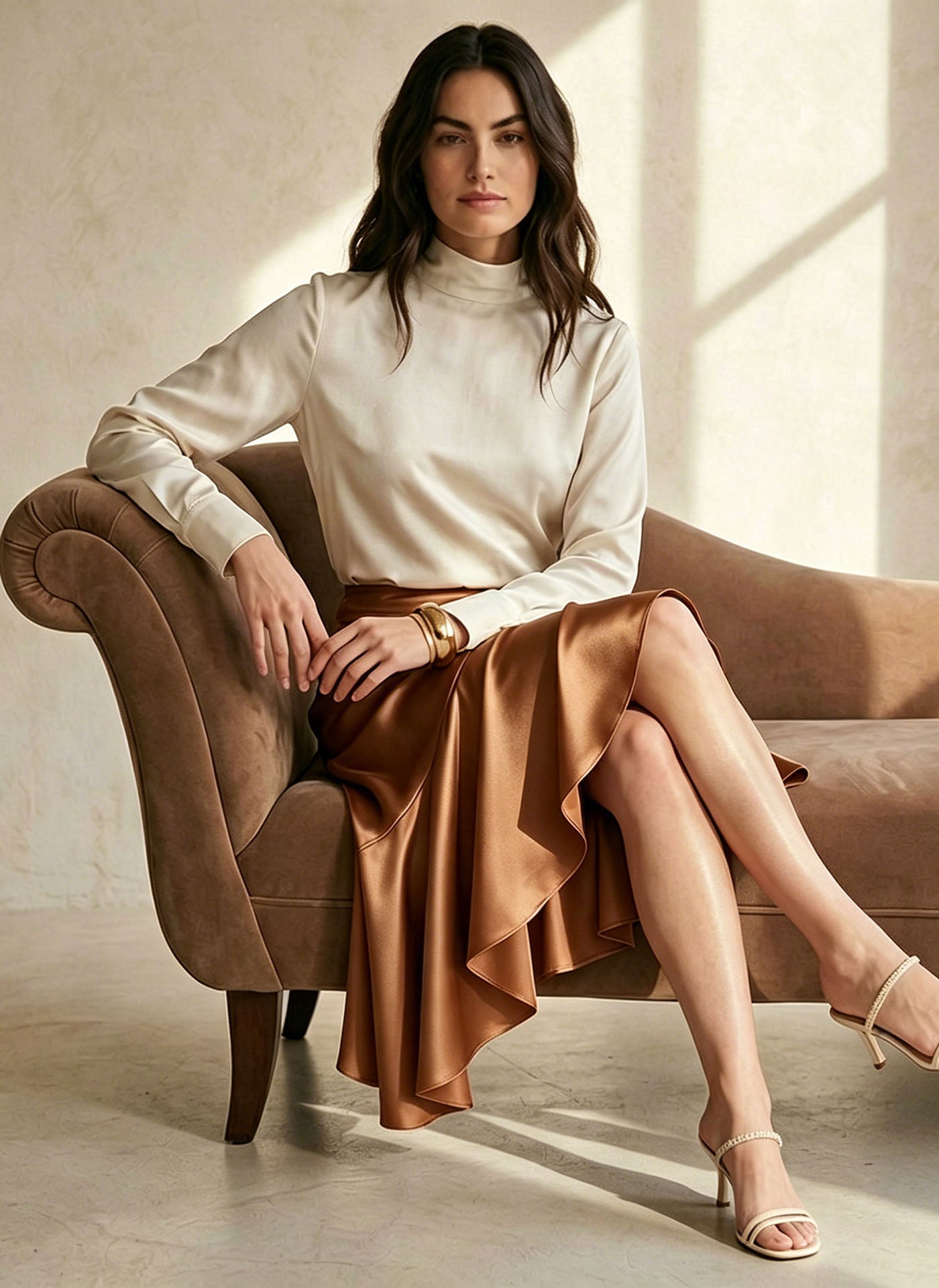 19MM Silk Ruffle Midi Skirt#Caramel