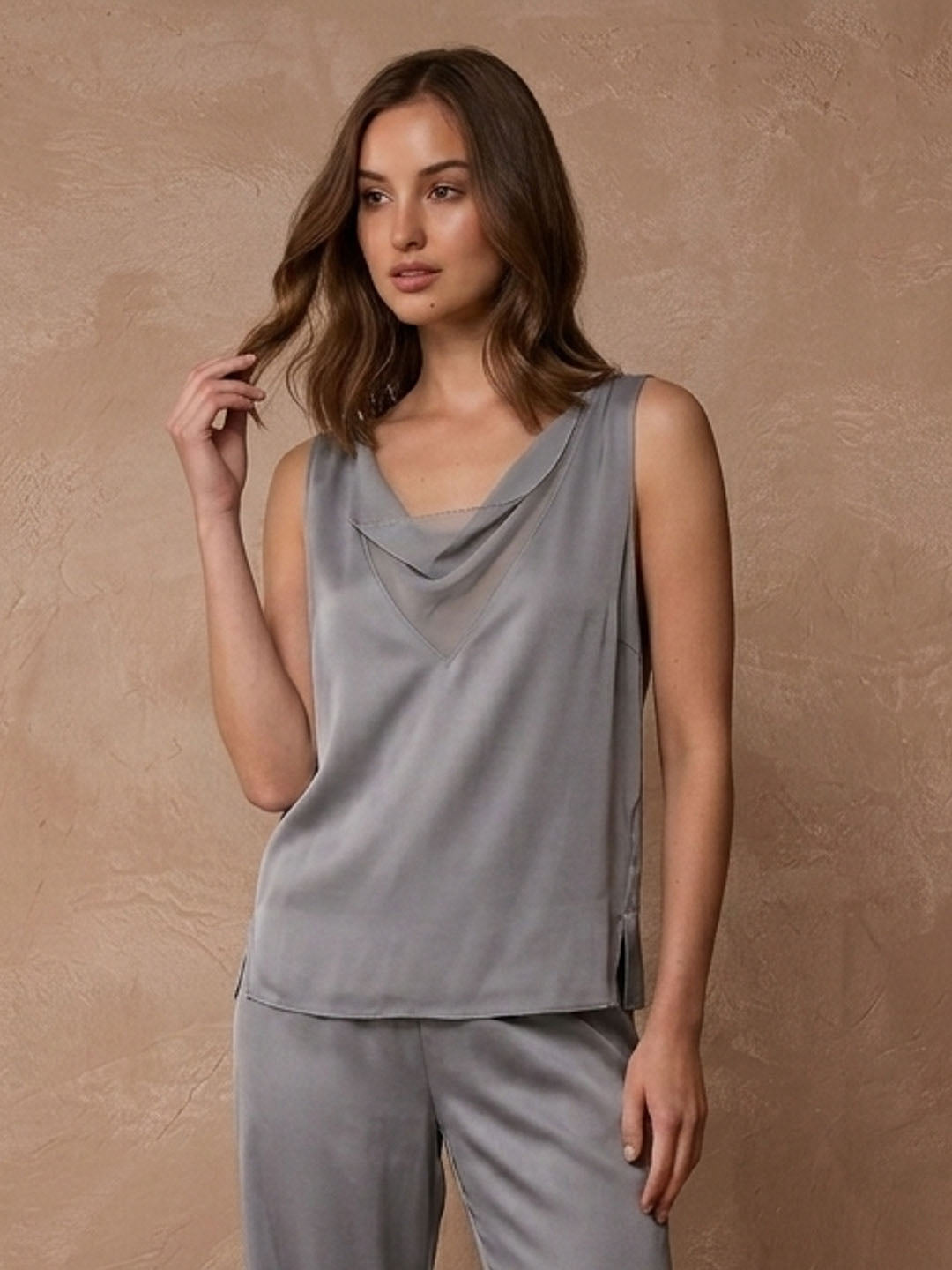 23 Momme Silk Cowl Neck Tank#color_Indigo Gray