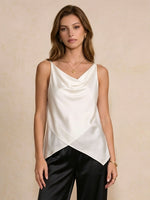 Asymmetrical Cowl Neck Silk Satin Camisole Top #color_White