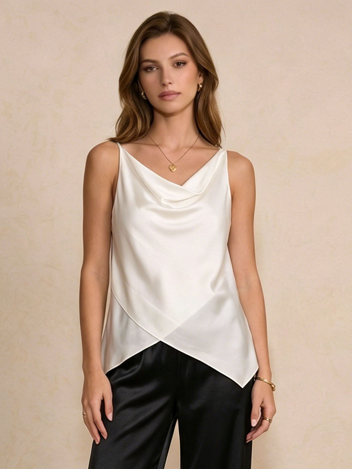 Asymmetrical Cowl Neck Silk Satin Camisole Top #color_White