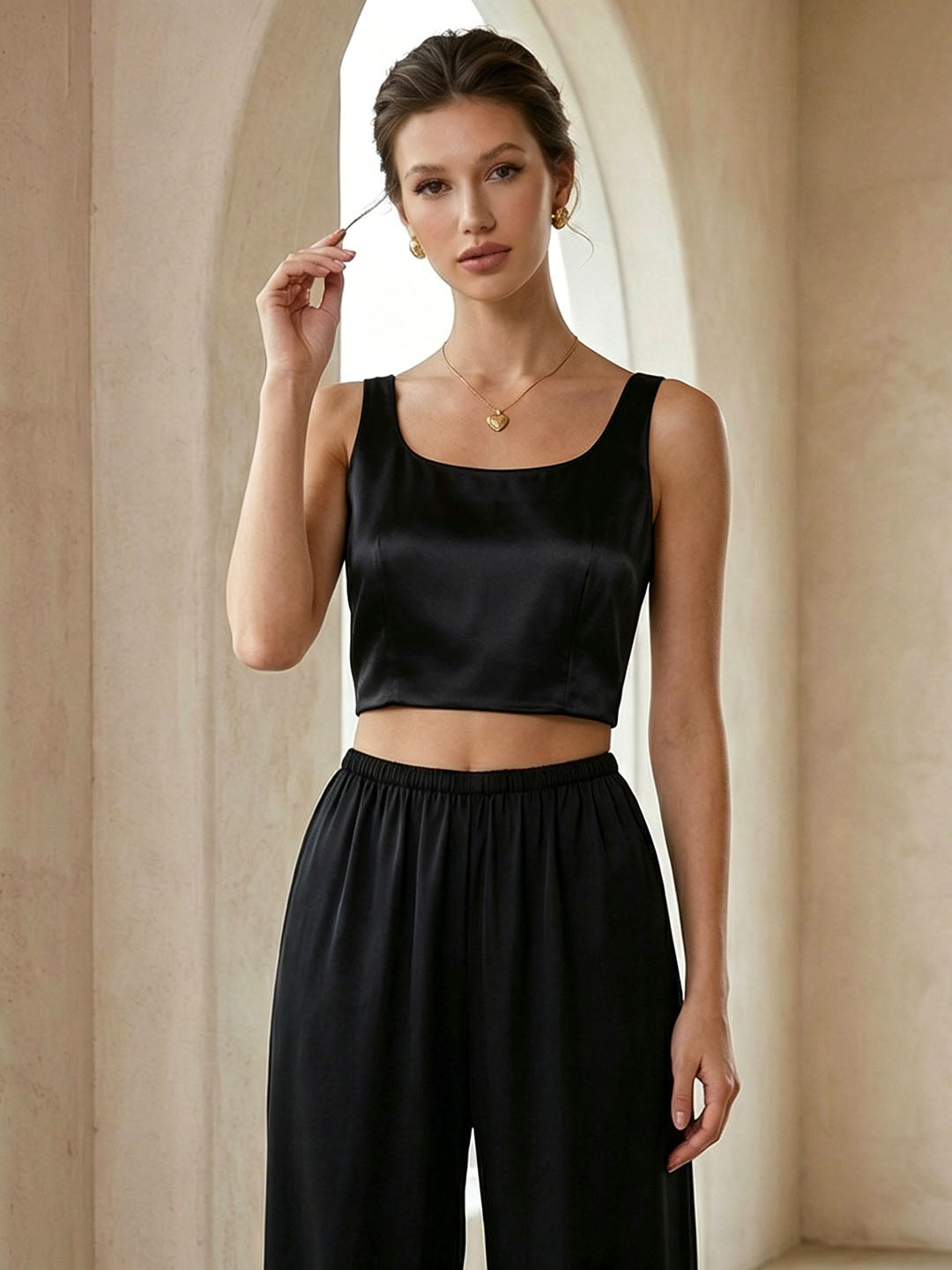 19mm Stretch Silk Satin Classic Cropped Tank Top #color_Black