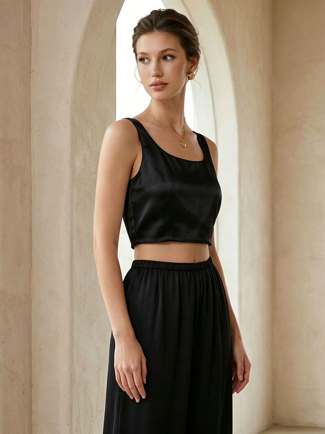 19mm Stretch Silk Satin Classic Cropped Tank Top #color_Black