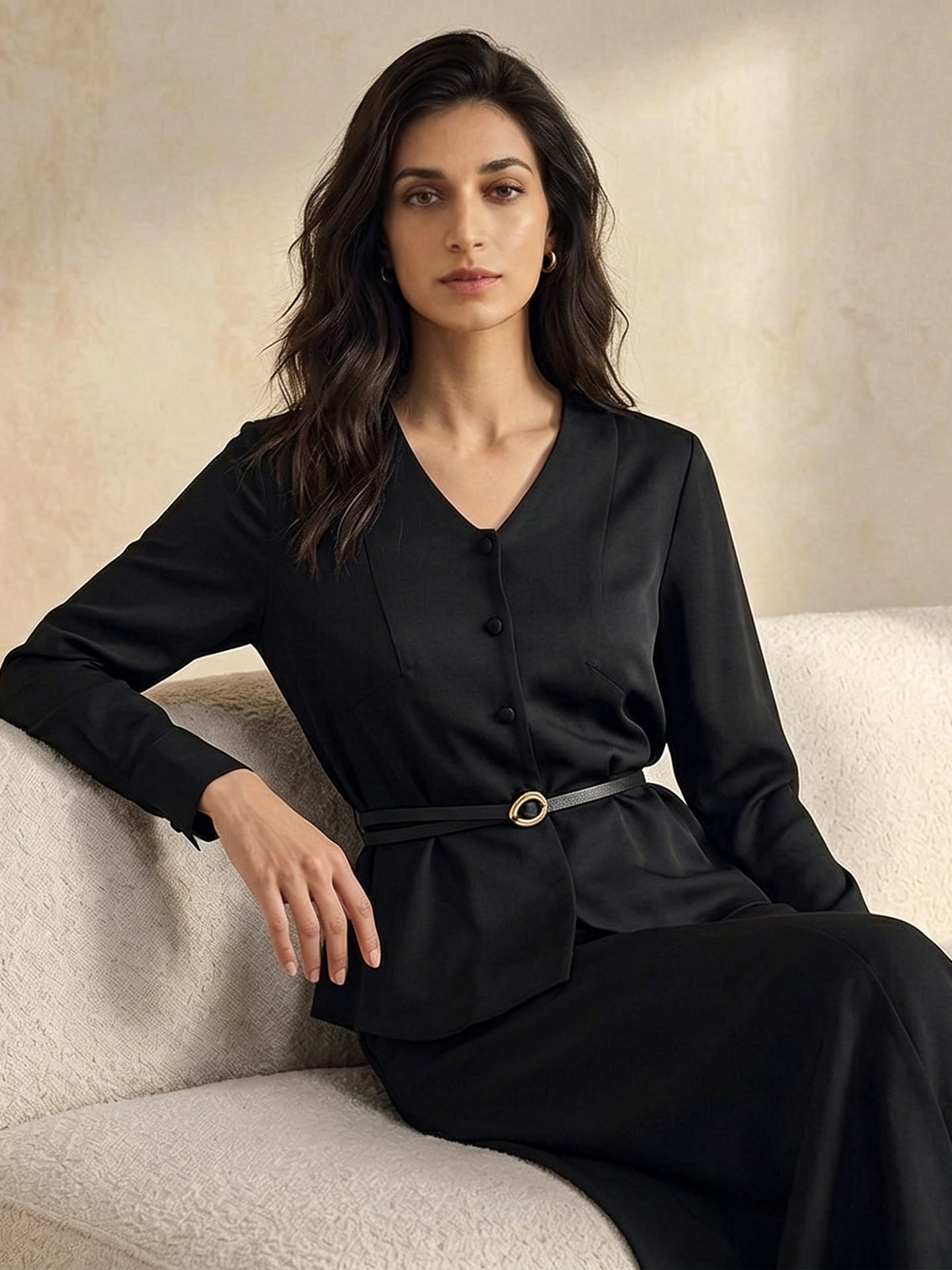  30mm Heavy Silk Crepe V-Neck Buttoned Short Jacket #color_Black