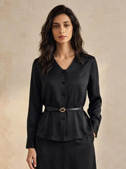  30mm Heavy Silk Crepe V-Neck Buttoned Short Jacket #color_Black
