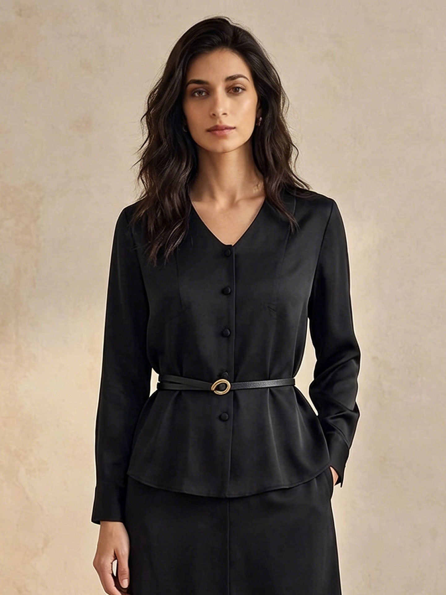  30mm Heavy Silk Crepe V-Neck Buttoned Short Jacket #color_Black