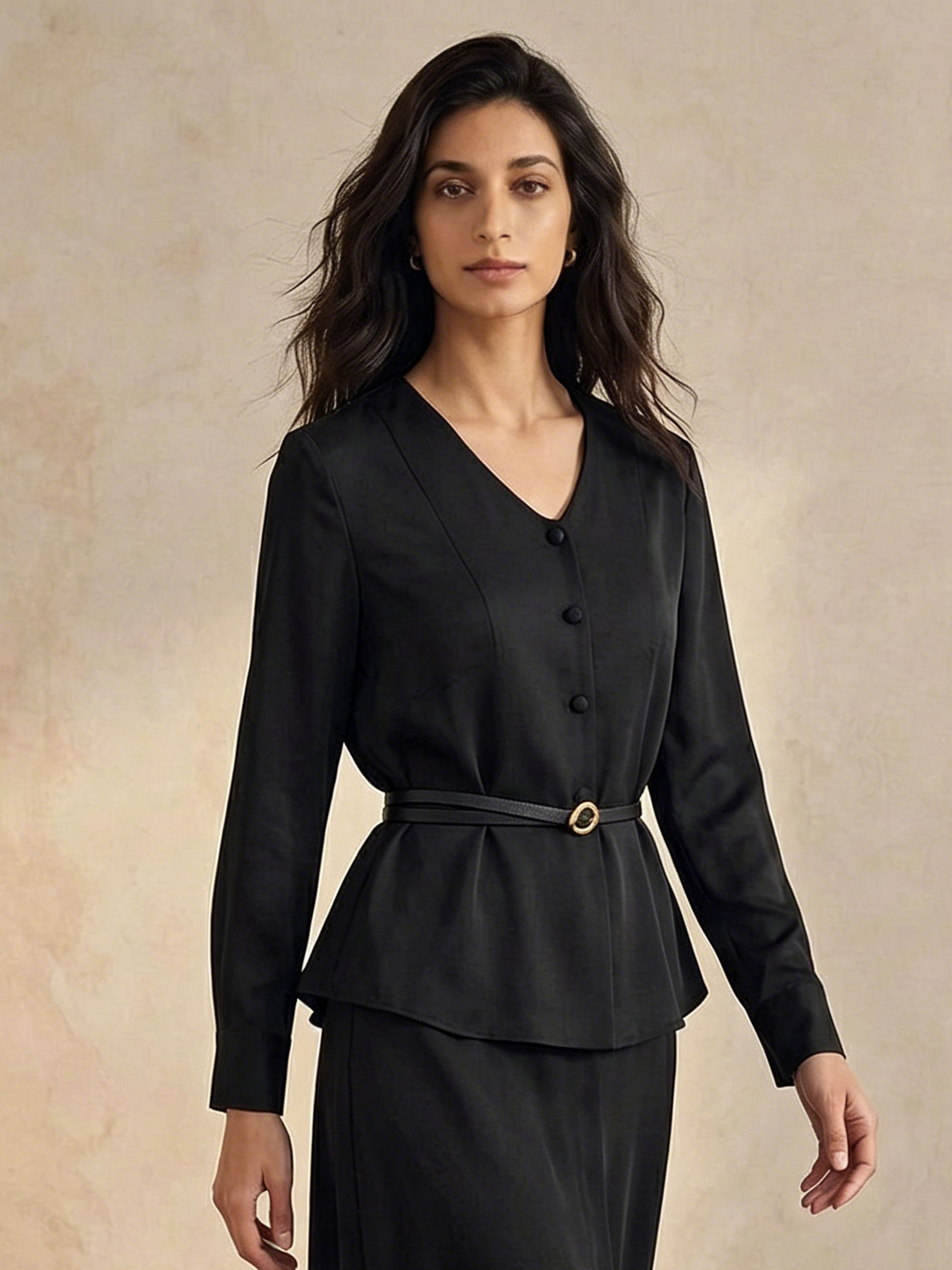  30mm Heavy Silk Crepe V-Neck Buttoned Short Jacket #color_Black