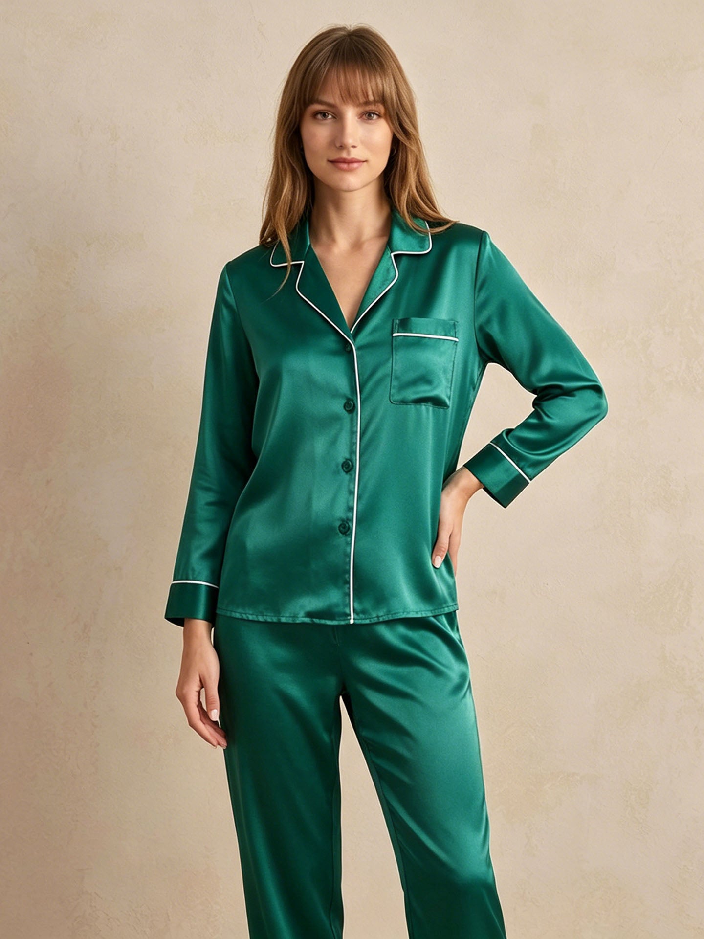 19 Momme Classic Silk Long Sleeve Long Pants Pajama Set#color_Dark Green