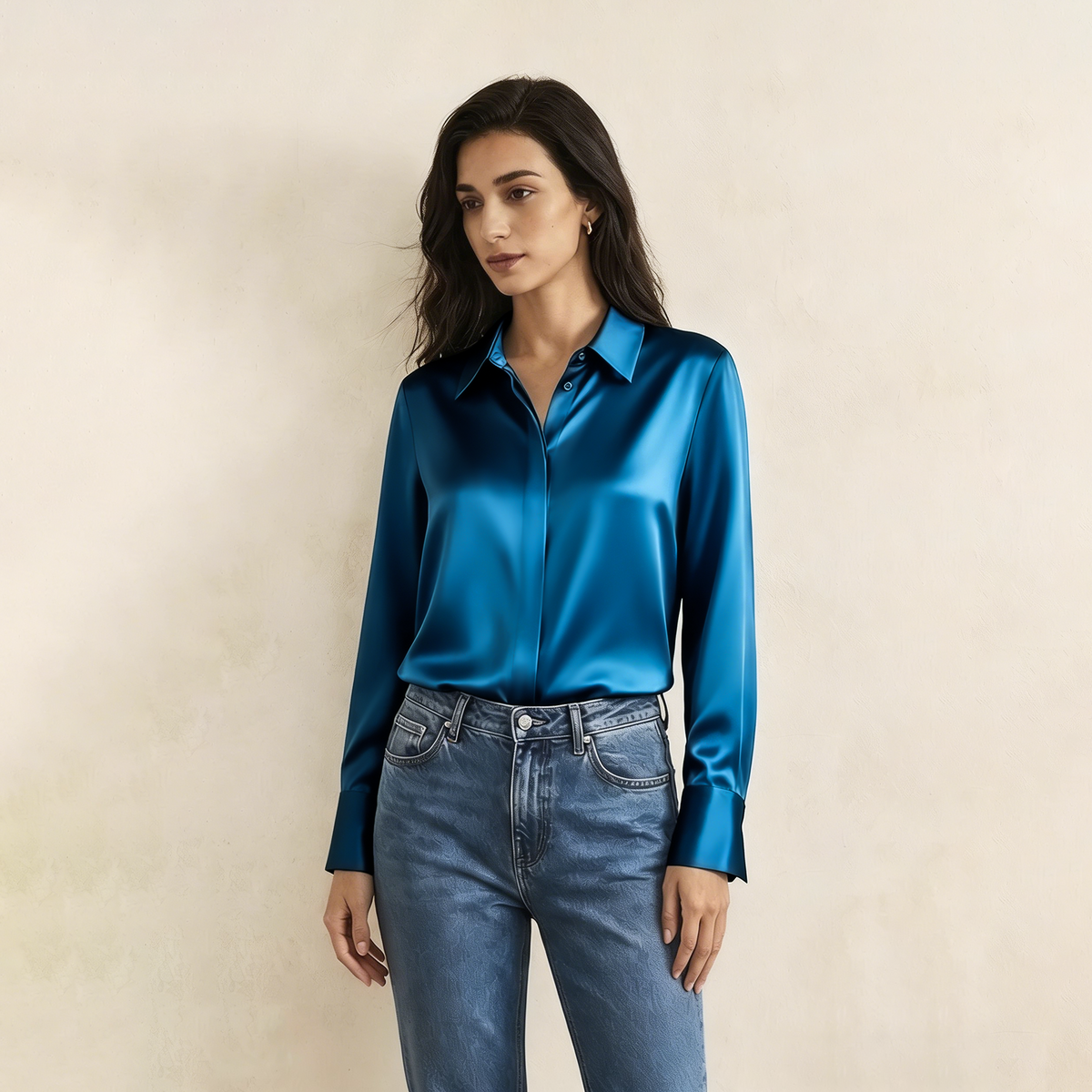 Versatile Elegance Stretch Silk Blouse#color Peacock Blue