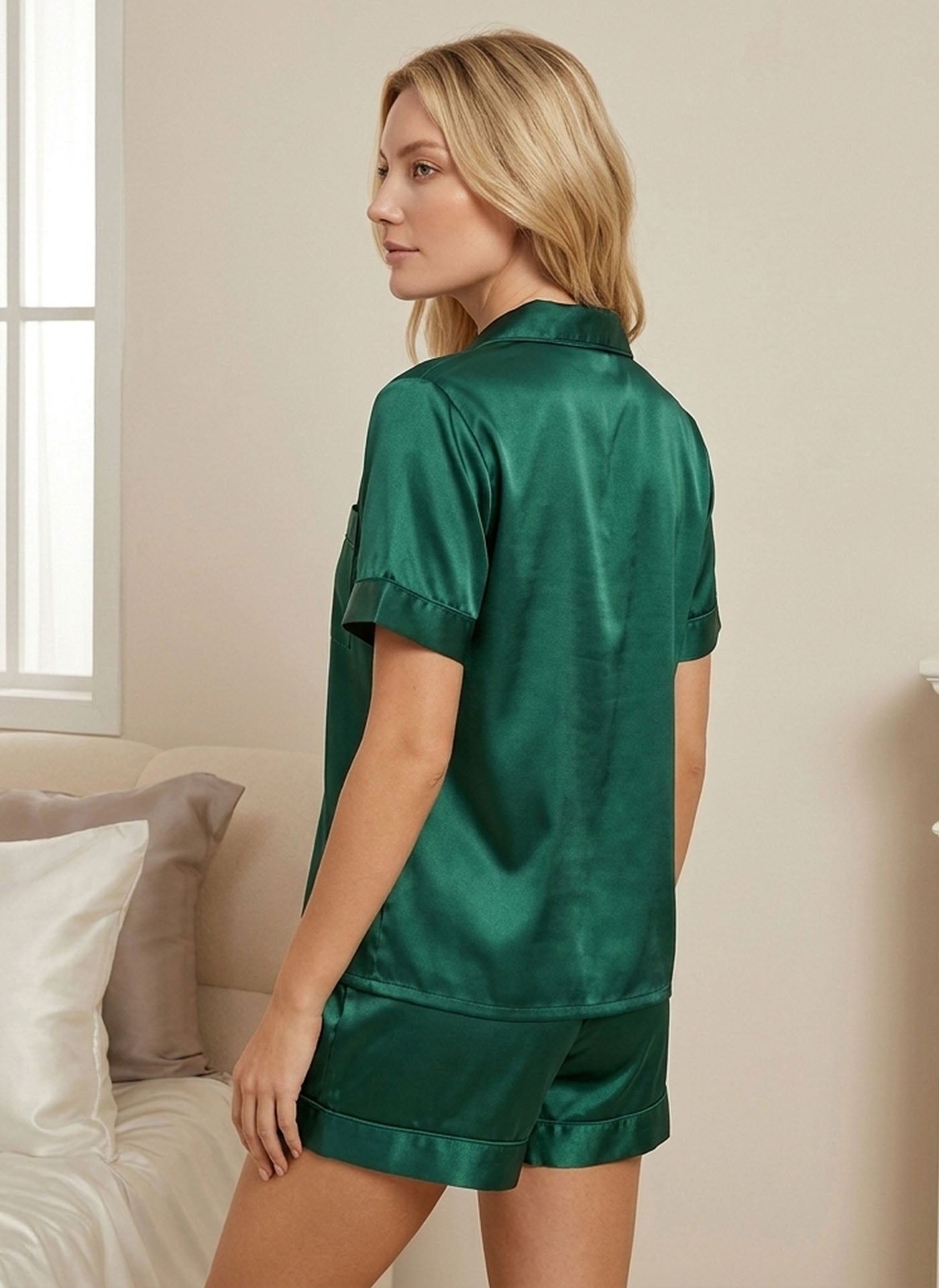Premium Mulberry Silk Short Set#color_Dark Green