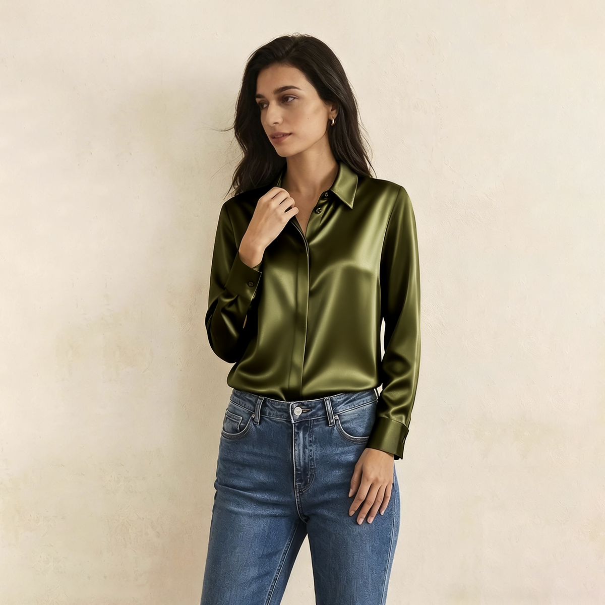 Versatile Elegance Stretch Silk Blouse#color Army Green