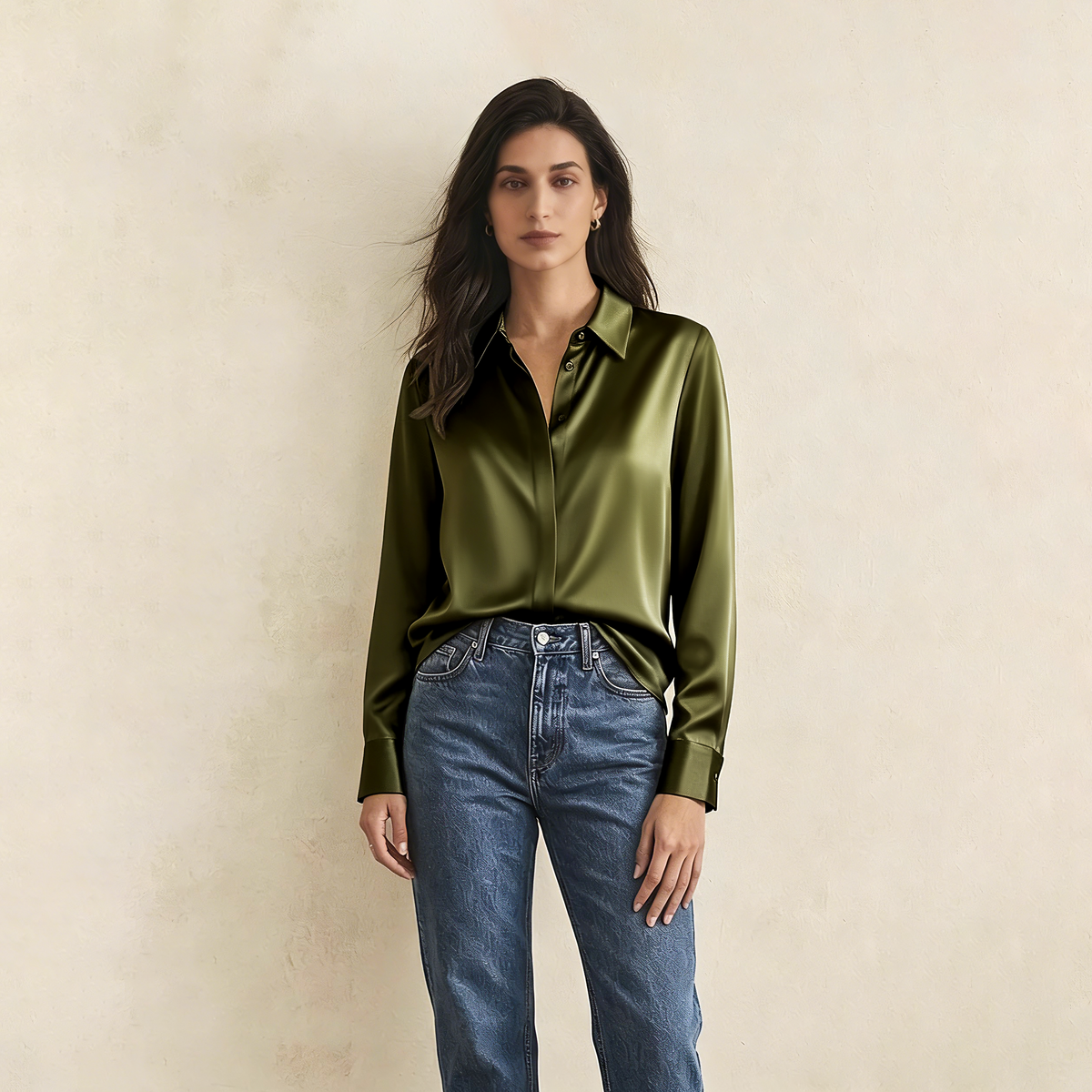 Versatile Elegance Stretch Silk Blouse#color Army Green