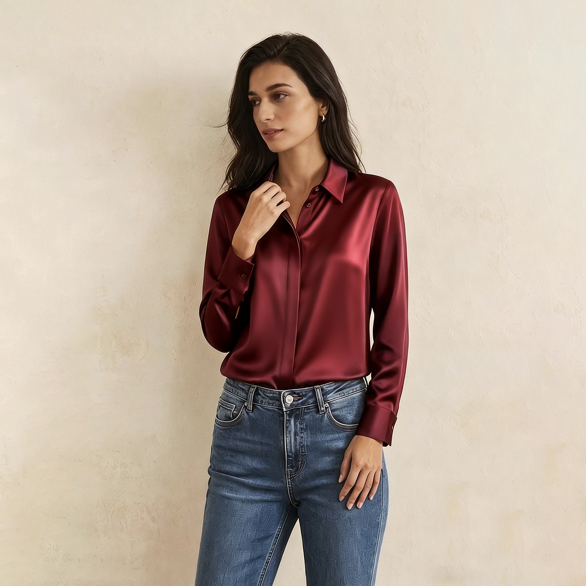 Versatile Elegance Stretch Silk Blouse#color Burgundy