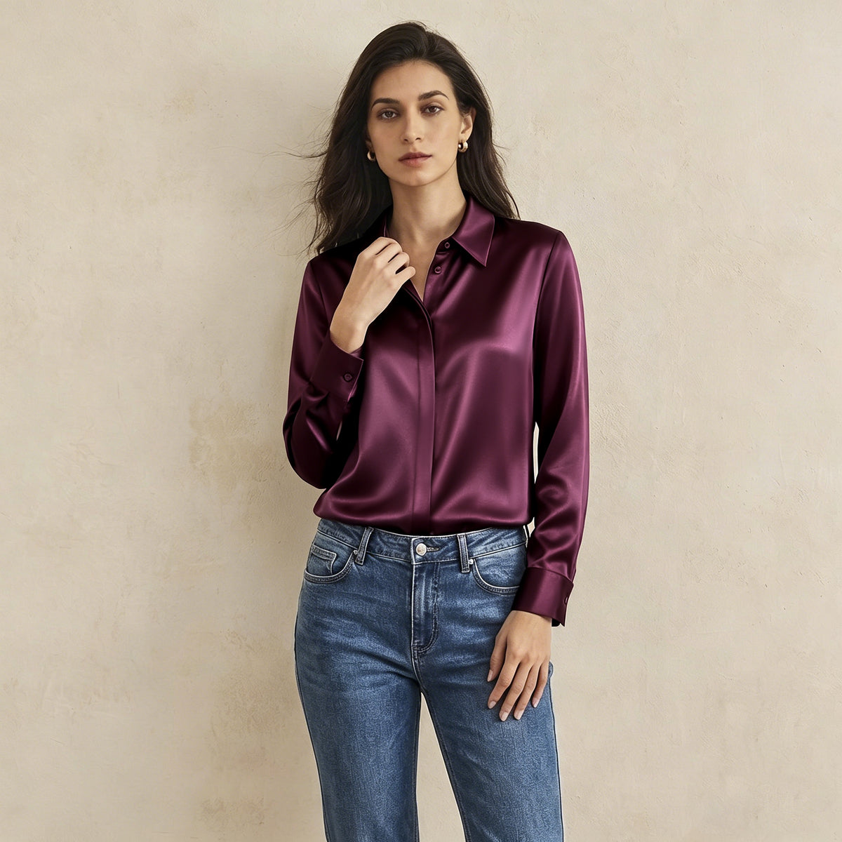 Versatile Elegance Stretch Silk Blouse#color Deep Purple