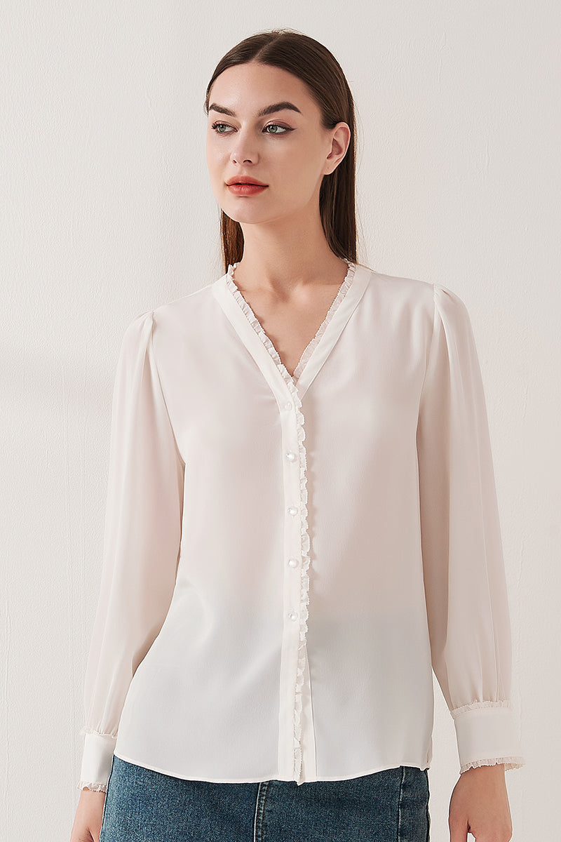 Lace-trimmed crepe de chine silk shirt