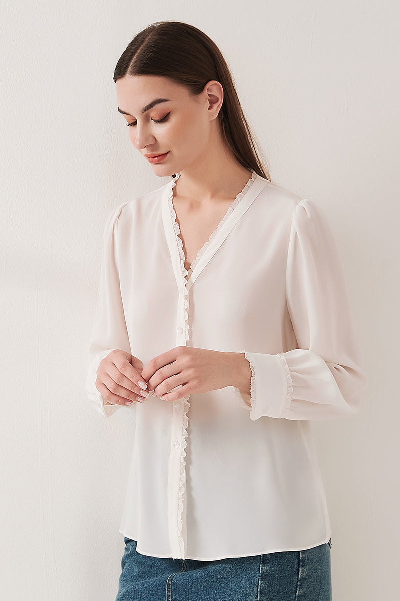 Lace-trimmed crepe de chine silk shirt