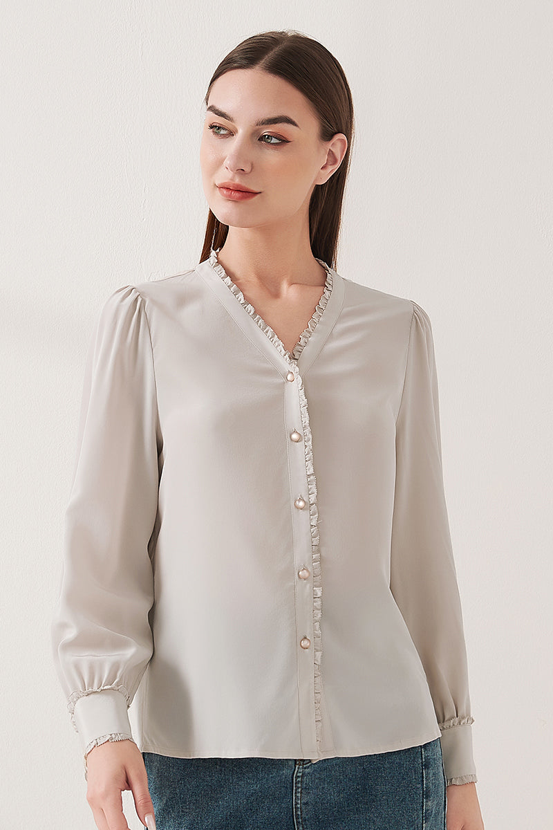 Lace-trimmed crepe de chine silk shirt