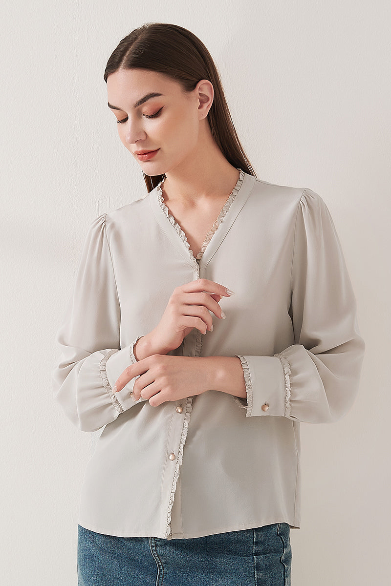 Lace-trimmed crepe de chine silk shirt