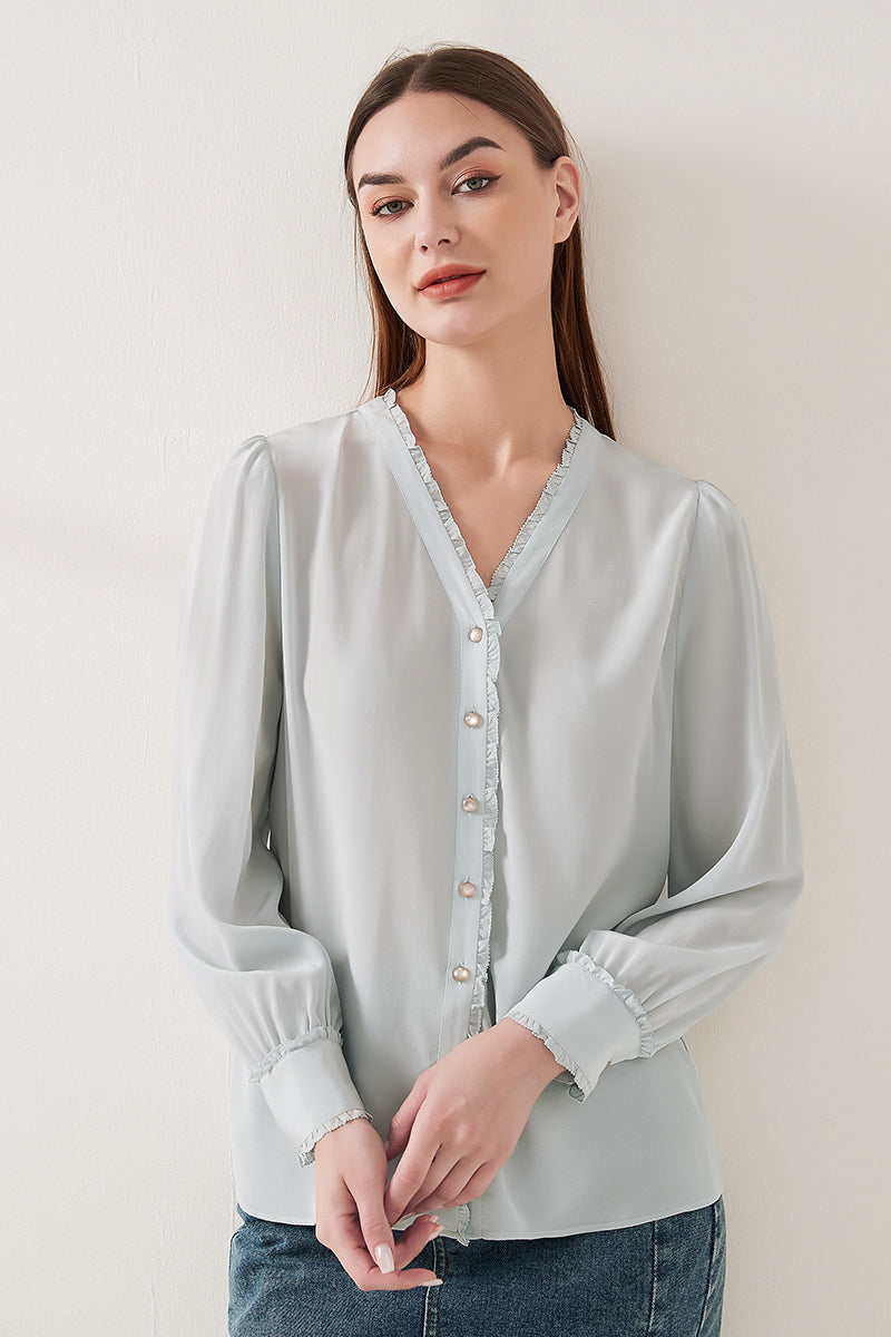 Lace-trimmed crepe de chine silk shirt