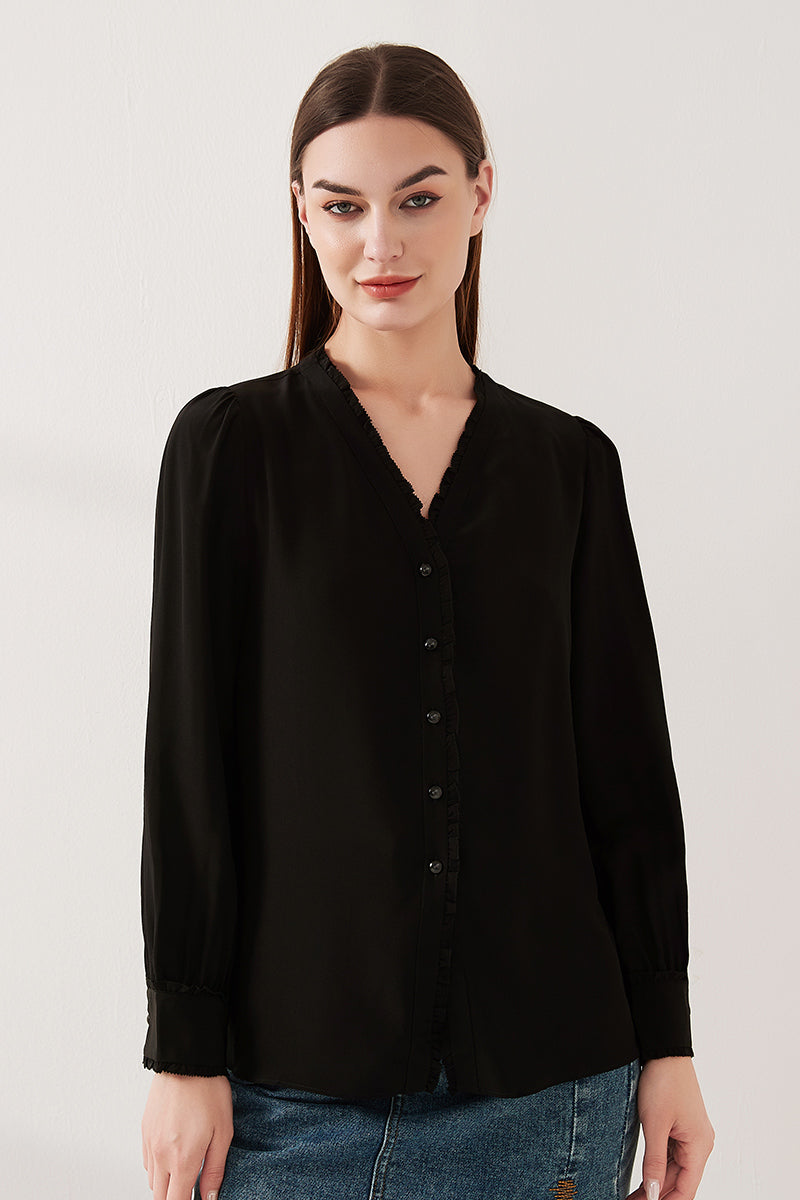 Lace-trimmed crepe de chine silk shirt