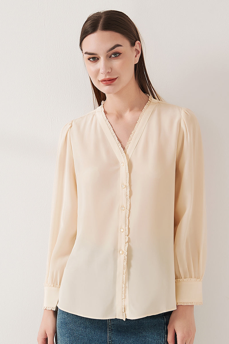 Lace-trimmed crepe de chine silk shirt