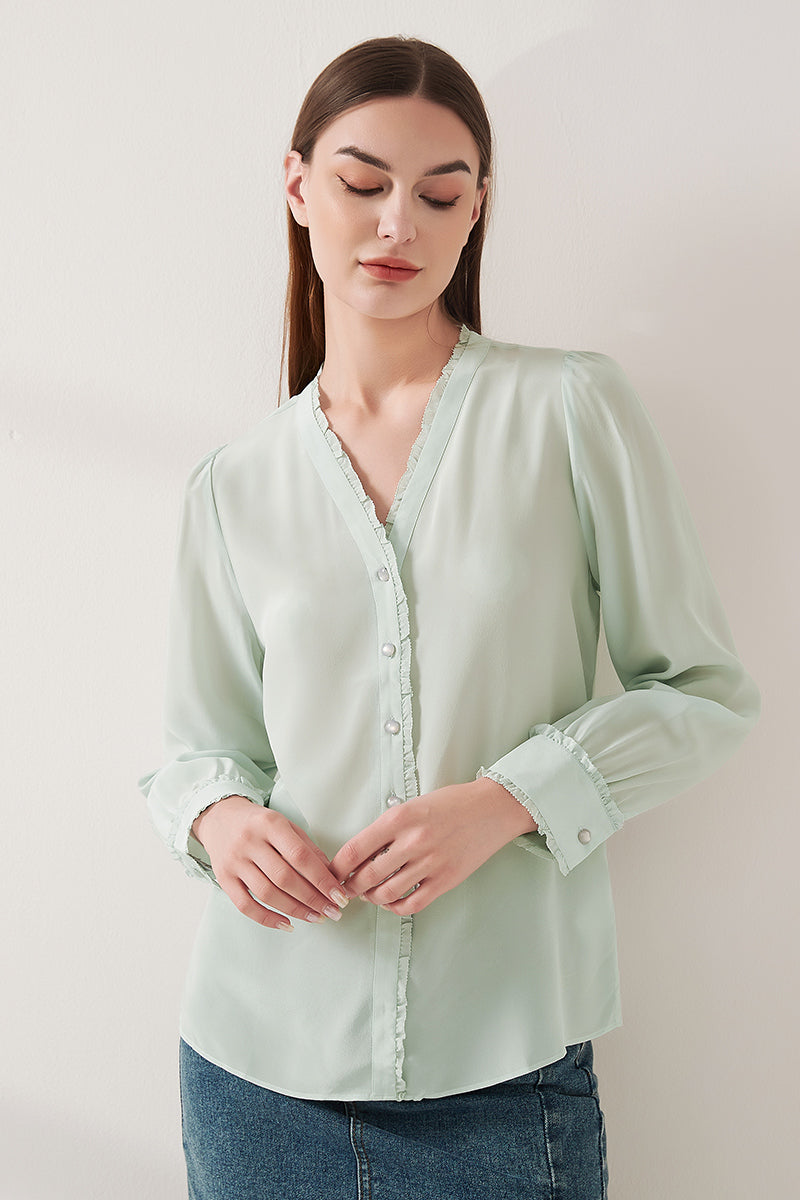 Lace-trimmed crepe de chine silk shirt