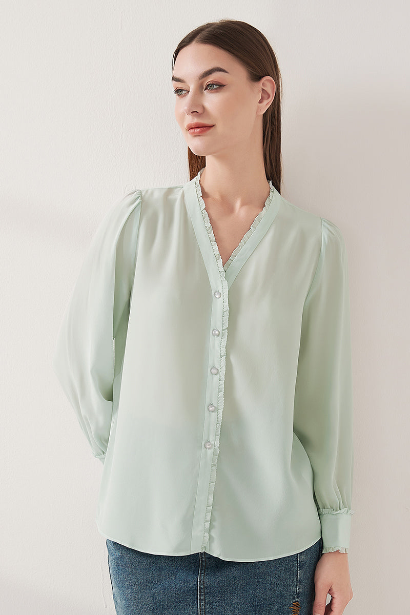 Lace-trimmed crepe de chine silk shirt