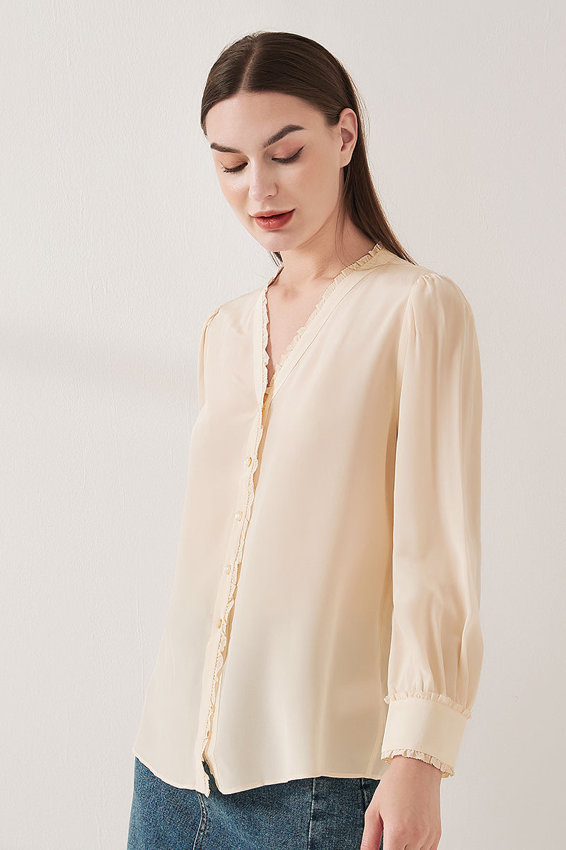 Lace-trimmed crepe de chine silk shirt