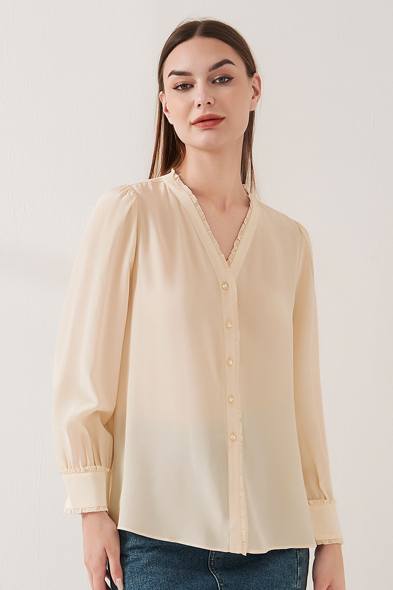 Lace-trimmed crepe de chine silk shirt