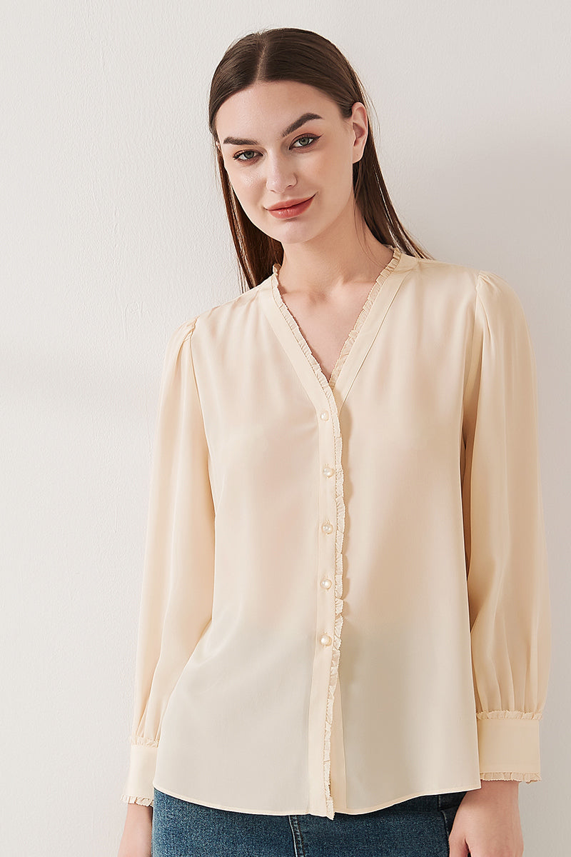 Lace-trimmed crepe de chine silk shirt