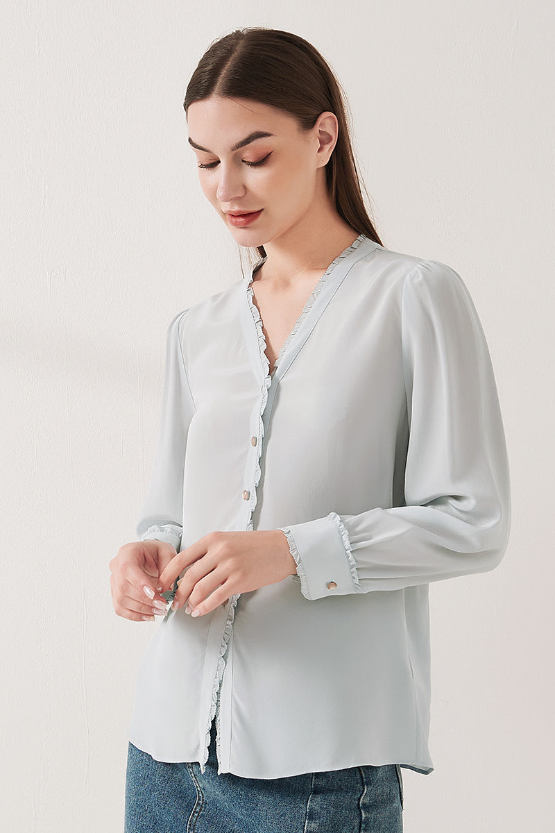 Lace-trimmed crepe de chine silk shirt
