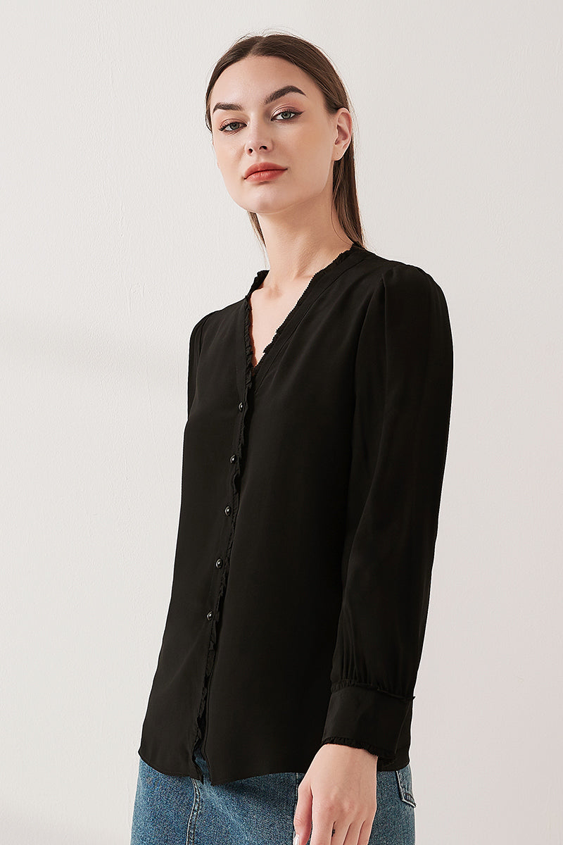 Lace-trimmed crepe de chine silk shirt