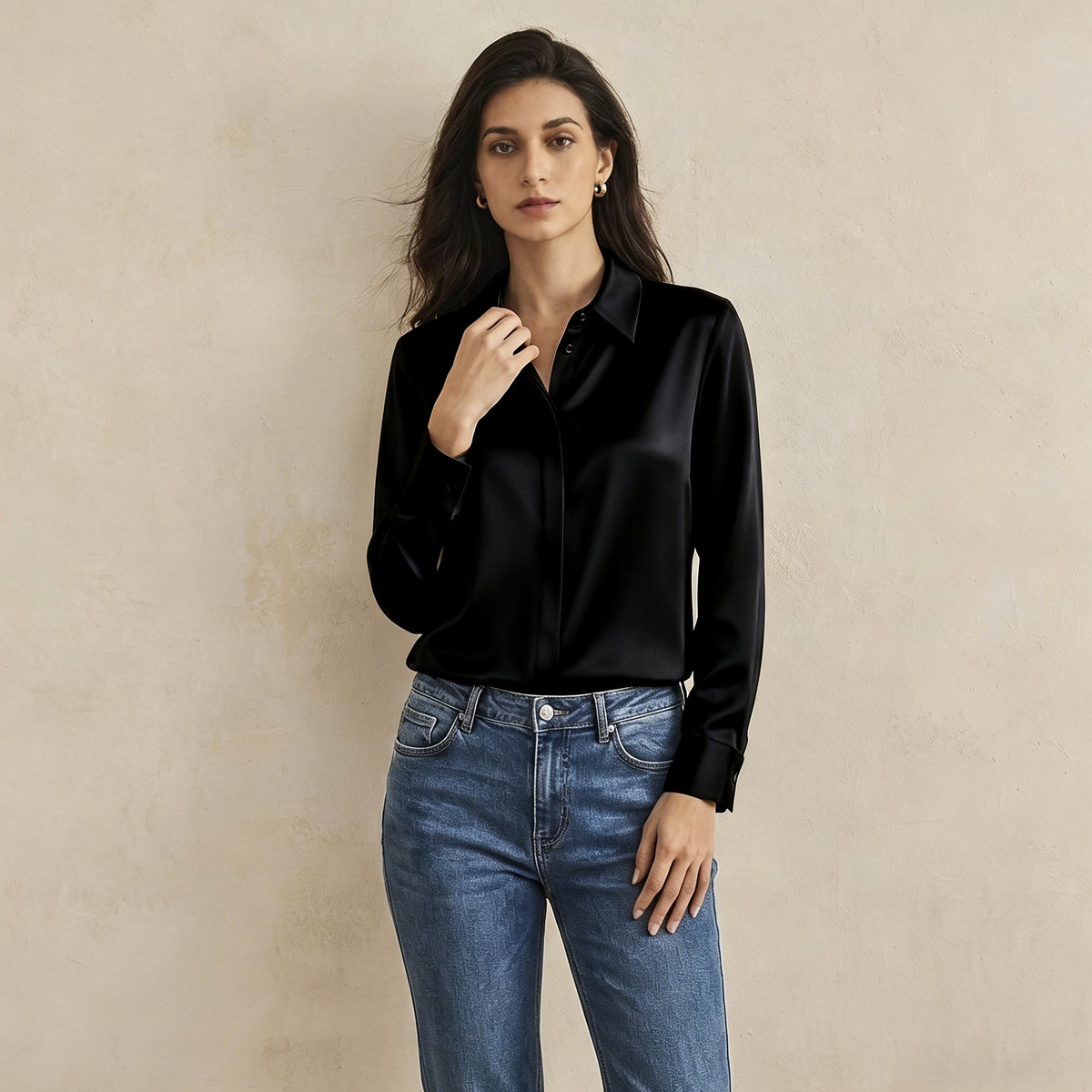 Versatile Elegance Stretch Silk Blouse#color Black