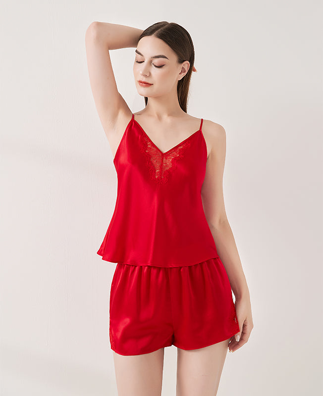 V-neck lace suspender shorts set