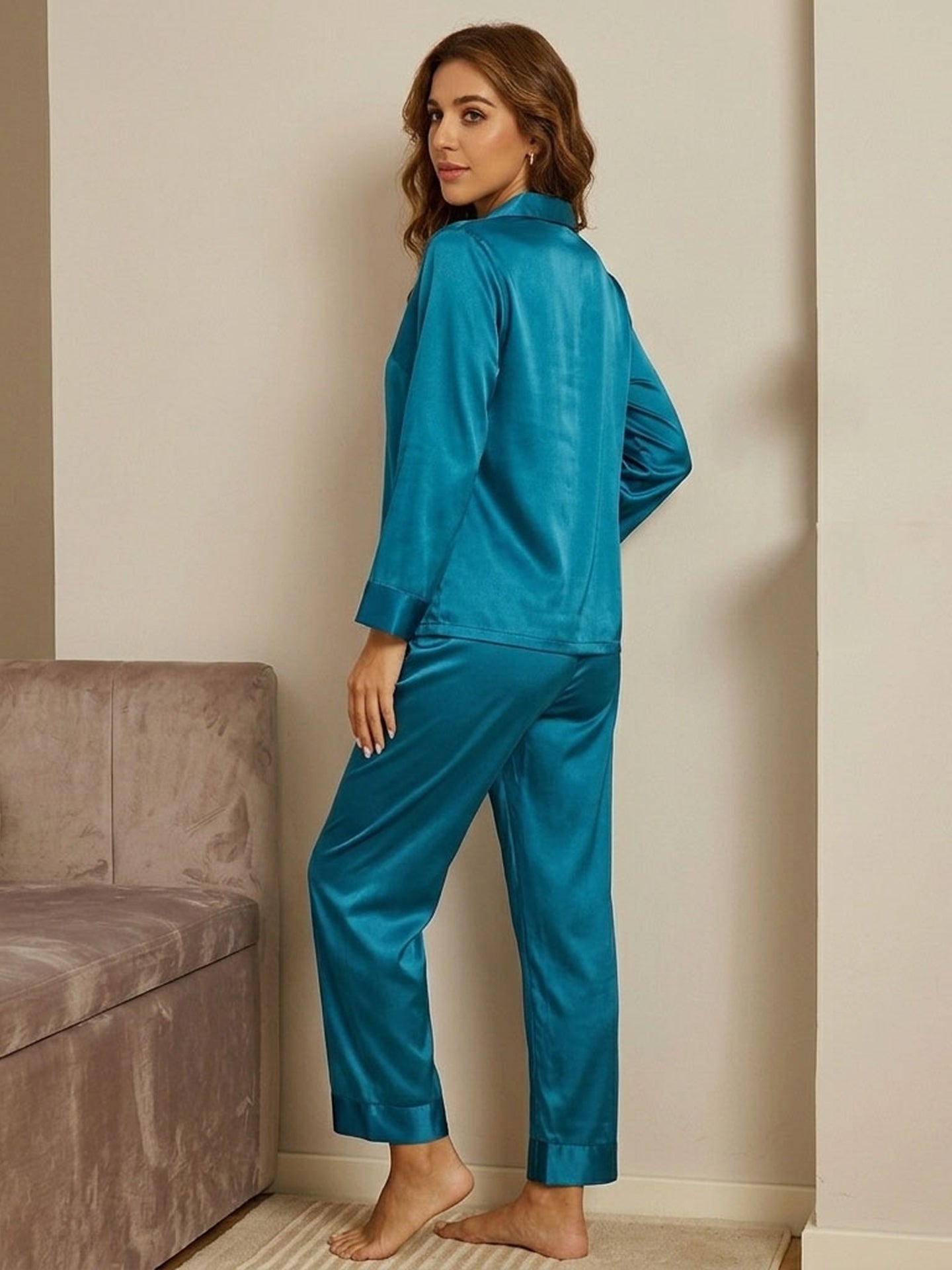 Luxe Mulberry Silk Classic Lounge Set#color_Teal
