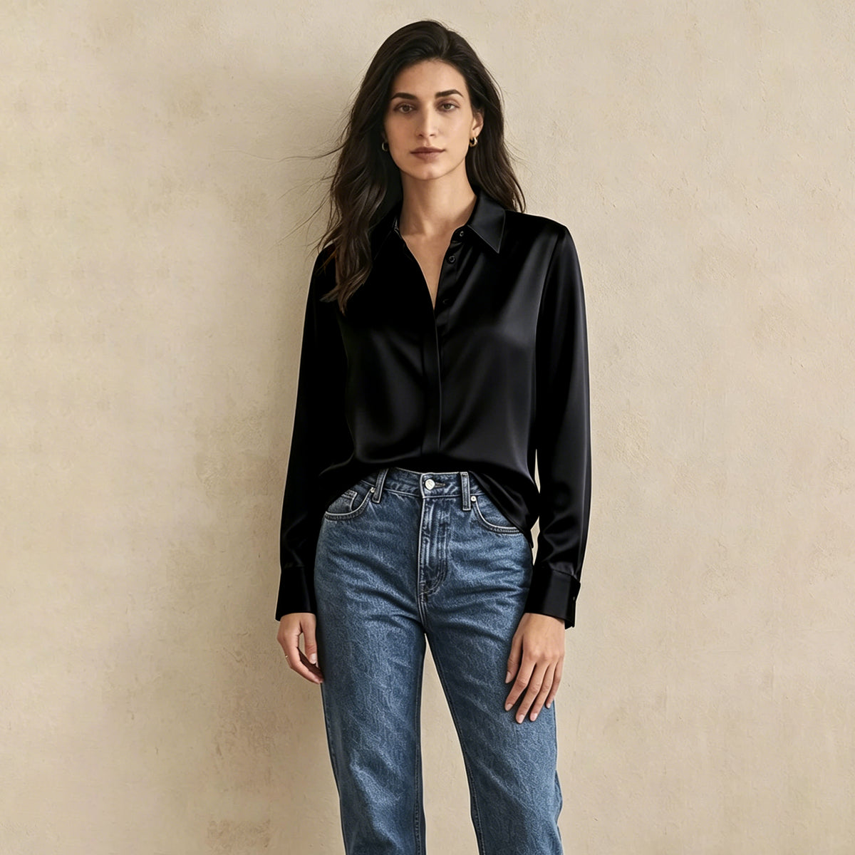 Versatile Elegance Stretch Silk Blouse#color Black