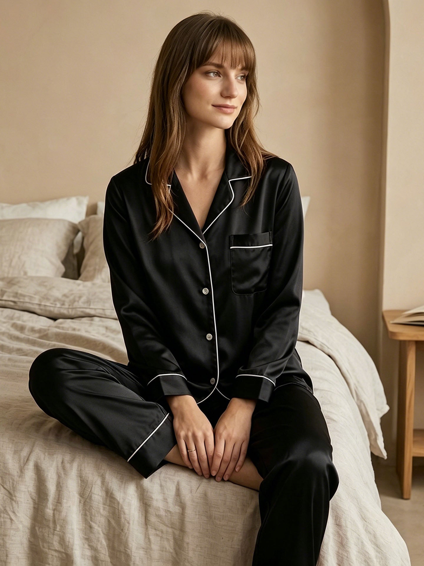 19 Momme Classic Silk Long Sleeve Long Pants Pajama Set#color_Black