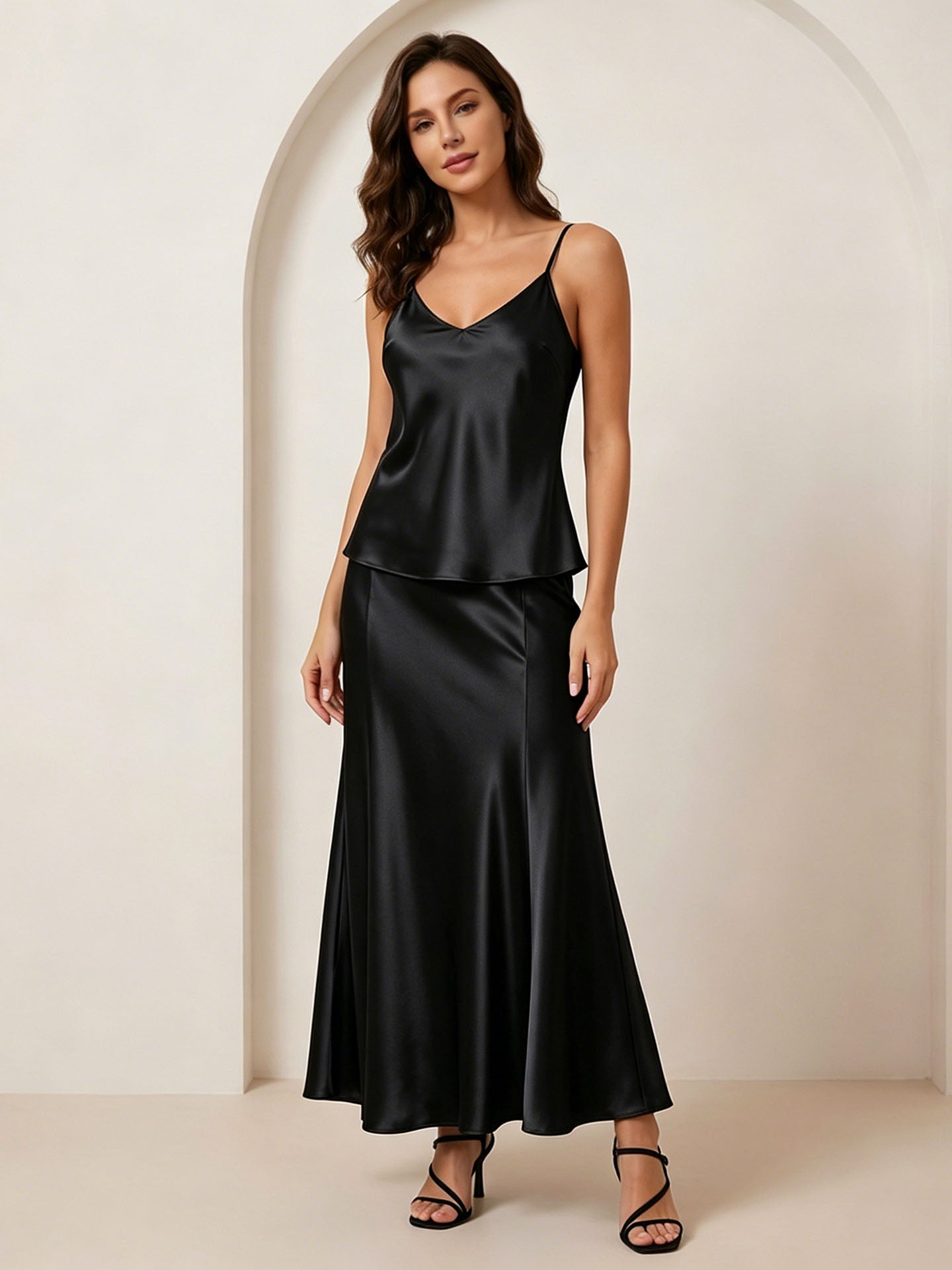 22mm Heavy Silk Satin Classic Fishtail Midi Skirt#color_Black