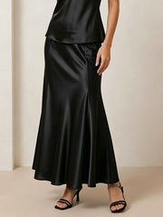 22mm Heavy Silk Satin Classic Fishtail Midi Skirt#color_Black