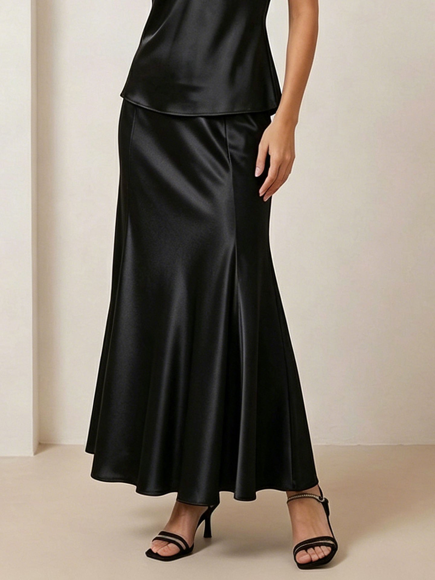 22mm Heavy Silk Satin Classic Fishtail Midi Skirt#color_Black