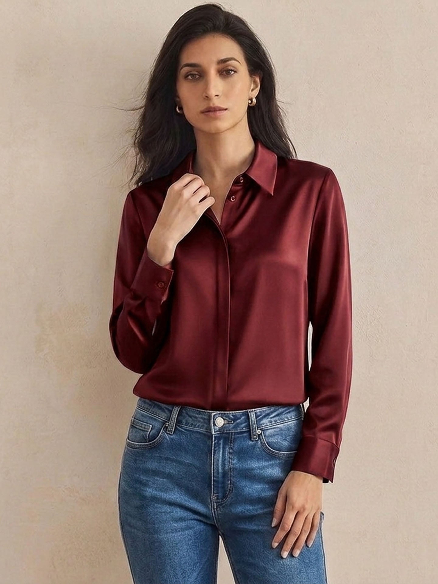 Versatile Elegance Stretch Silk Blouse#color Burgundy