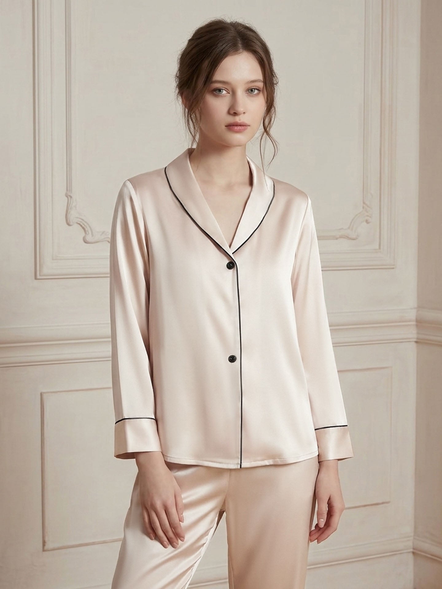 Shawl Collar Long Sleeve Long Pants Silk Suit #color_Blush Beige